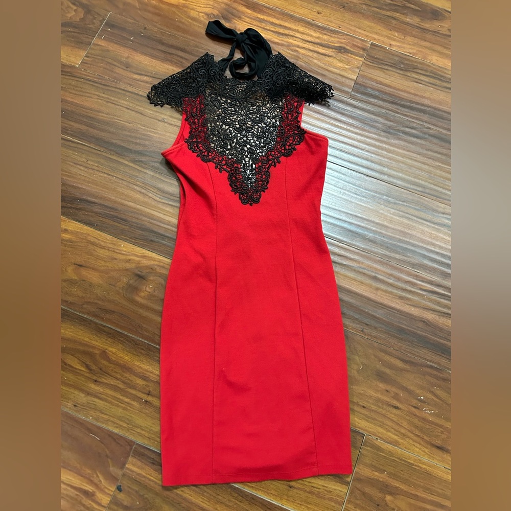 Women’s red dress, hottie brand, size small, laced on the top, bow tie on back